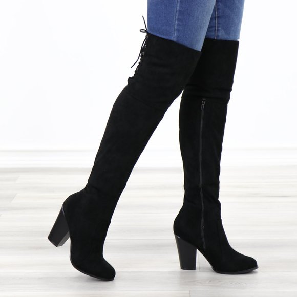 Shoes - *Restock Thigh High Heeled Boots With Lace Up Back